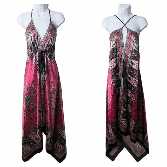 Vintage Y2K Boho Paisley Slip Dress Pink Black Handkerchief Hem Spaghetti Strap - Picture 1 of 10